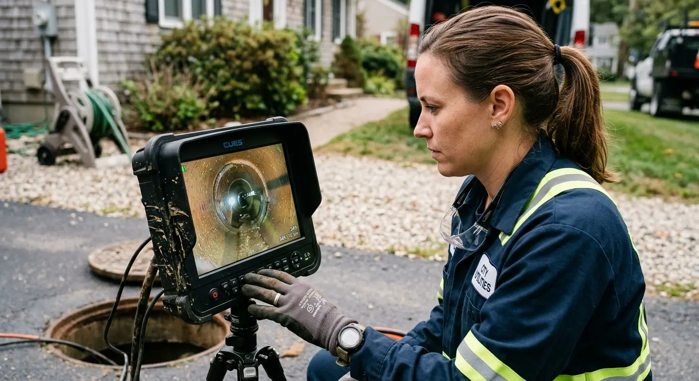 Technician reviewing sewer camera inspection footage in Dakota Dunes