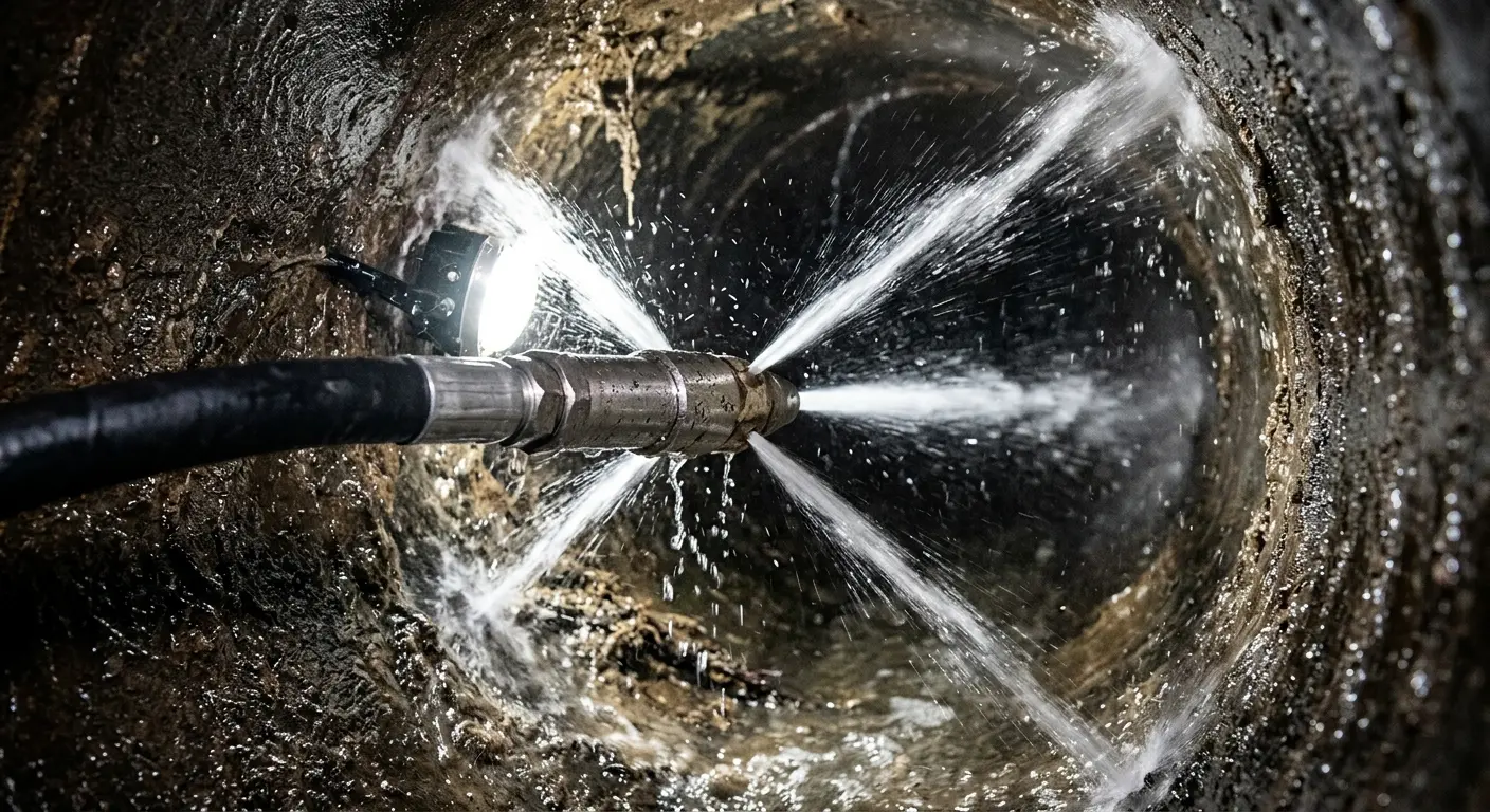 High-pressure hydro jetting nozzle cleaning sewer pipe for Sewer Cleanout in Dakota Dunes
