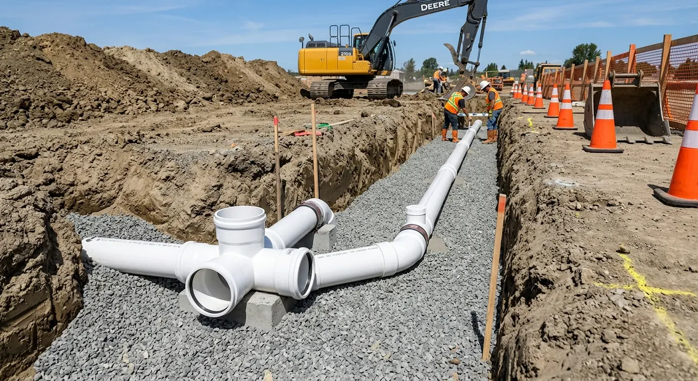 New PVC sewer pipe installation in open trench for Commercial Drain Cleaning in Dakota Dunes