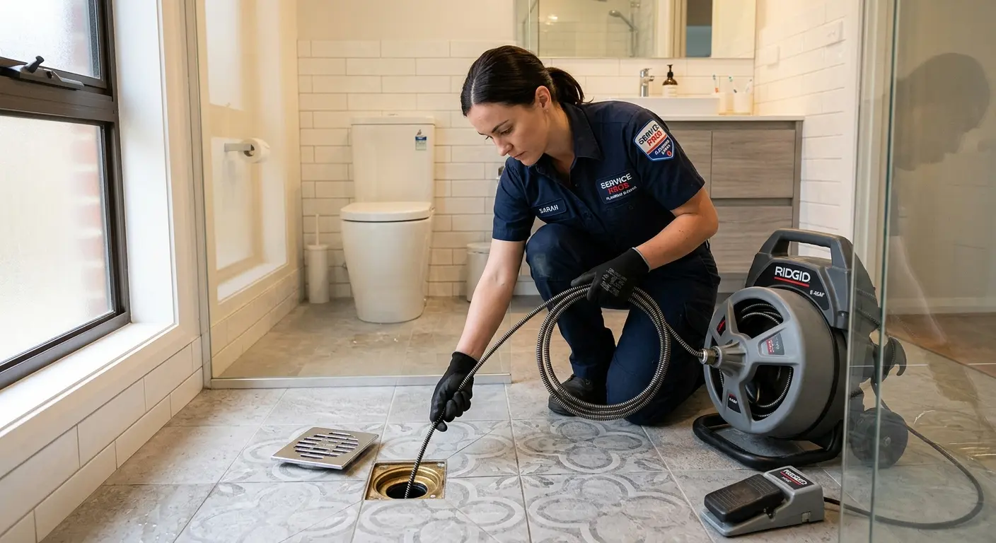 Technician clearing a bathroom floor drain for Clogged Drain Repair in Dakota Dunes